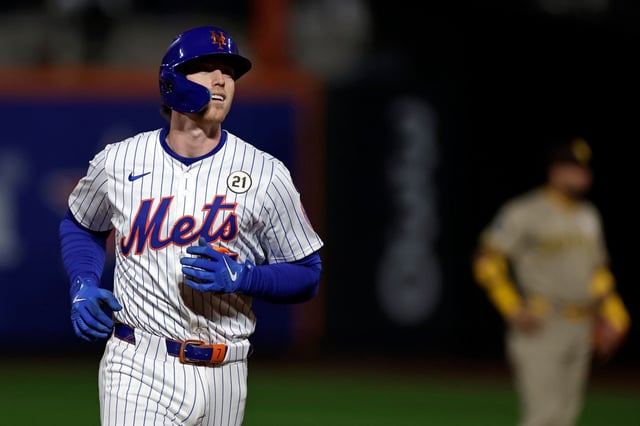 New York Mets' Brett Baty rounds the bases after hitting a two-run home run during the first inning of a baseball game Tuesday, Sept. 16, 2025, in New York. (AP Photo/Adam Hunger)