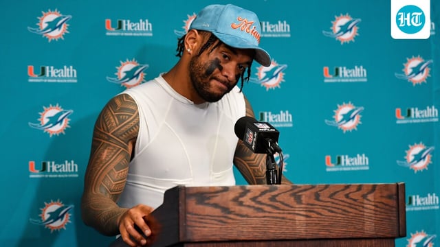 Miami Dolphins quarterback Tua Tagovailoa addresses media after an NFL football game against the Buffalo Bills.