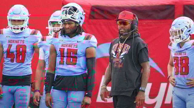 Delaware State head coach DeSean Jackson watches his team in the Hornets' 37-32 win at Alumni Stadium in Dover, Del. Sept. 6, 2025.
© William Bretzger-Delaware News Journal / USA TODAY NETWORK via Imagn Images