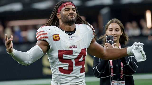 Sep 14, 2025; New Orleans, Louisiana, USA; San Francisco 49ers linebacker Fred Warner (54) leaves the field at Caesars Superdome. Mandatory Credit: Matthew Hinton-Imagn Images
