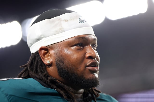 Sep 4, 2025; Philadelphia, Pennsylvania, USA; Philadelphia Eagles defensive tackle Jalen Carter (98) walks off the field after being ejected during the first quarter of the game against the Dallas Cowboys at Lincoln Financial Field. Mandatory Credit: Bill Streicher-Imagn Images/File Photo