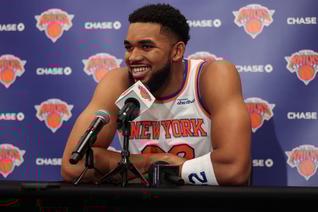 TARRYTOWN, NEW YORK - SEPTEMBER 23: Karl-Anthony Towns #32 of the New York Knicks speaks to the media at Knicks Training Facility on September 23, 2025 in Tarrytown, New York. NOTE TO USER: User expressly acknowledges and agrees that, by downloading and/or using this Photograph, user is consenting to the terms and conditions of the Getty Images License Agreement. (Photo by Dustin Satloff/Getty Images)