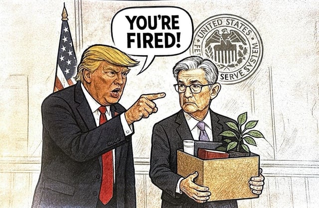 Cartoon of President Donald Trump and Jerome Powell posted on Truth Social.