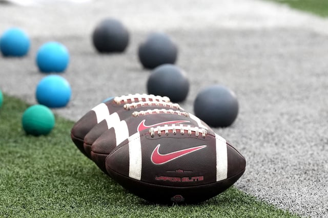 Generic view of Ohio State Buckeyes branded Nike Vapor Elite footballs on the field before the game against the Ohio Bobcats at Ohio Stadium on September 13, 2025 in Columbus, Ohio.