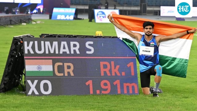India’s Shailesh Kumar after winning the men's high jump T63 final with a championship record at the World Para Athletics Championships in New Delhi on Saturday. (ANI Photo)