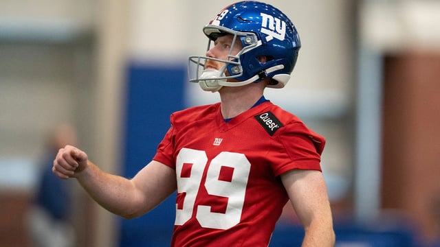 New York Giants place kicker Jude McAtamney (99) watches his practice kick during Mandatory Minicamp at Quest Diagnostics Giants Training Center in East Rutherford on Tuesday, June 17, 2025.