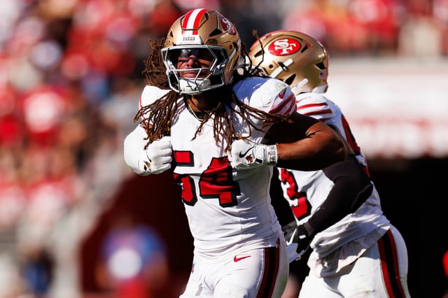Fred Warner #54 of the San Francisco 49ers celebrates during the second half of an NFL football game against the Arizona Cardinals at Levi's Stadium on September 21, 2025 in Santa Clara, California.