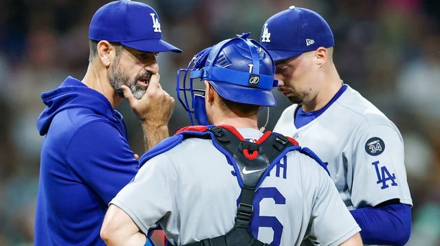 Aug 22, 2025; San Diego, California, USA; Los Angeles Dodgers pitching coach Mark Prior (99) visits the mound during the fourth inning against the San Diego Padres at Petco Park. Mandatory Credit: David Frerker-Imagn Images