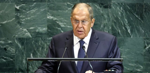 Le ministre russes des Affaires étrangères, Sergueï Lavrov, s'adresse à la tribune de l'Assemblée générale de l'ONU le 27 septembre 2025