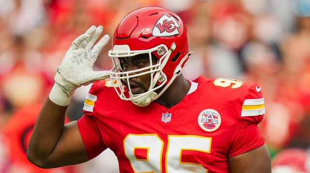 Sep 14, 2025; Kansas City, Missouri, USA; Kansas City Chiefs defensive tackle Chris Jones (95) reacts during the first half against the Philadelphia Eagles at GEHA Field at Arrowhead Stadium. Mandatory Credit: Jay Biggerstaff-Imagn Images
