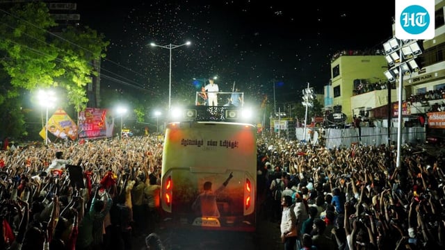  TVK (Tamilaga Vettri Kazhagam) chief and actor Vijay addresses a gathering before the stampede during a public event, in Karur on Saturday.