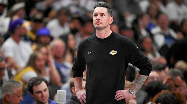 Apr 9, 2025; Dallas, Texas, USA; Los Angeles Lakers head coach JJ Redick looks on during the third quarter against the Dallas Mavericks at the American Airlines Center. Mandatory Credit: Jerome Miron-Imagn Images