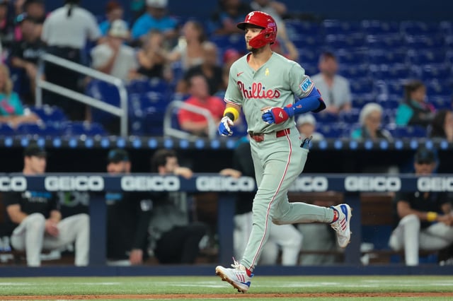 Sep 7, 2025; Miami, Florida, USA; Philadelphia Phillies shortstop Trea Turner (7) circles the bases after hitting a home run against the Miami Marlins during the sixth inning at loanDepot Park. Mandatory Credit: Sam Navarro-Imagn Images/File Photo