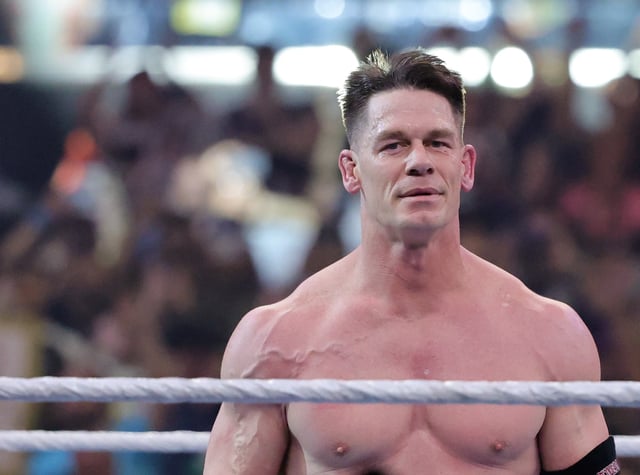 LAS VEGAS, NEVADA - APRIL 20: John Cena reacts after his victory over Cody Rhodes to win the Undisputed WWE Championship during WrestleMania 41 at Allegiant Stadium on April 20, 2025 in Las Vegas, Nevada.