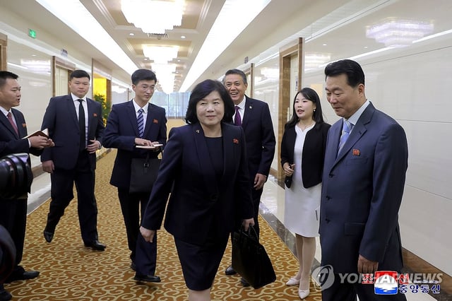 North Korean Foreign Minister Choe Son-hui (C) departs for China on Sept. 27, 2025, in this photo provided by North Korea's Korean Central News Agency the following day. (For Use Only in the Republic of Korea. No Redistribution) (Yonhap)