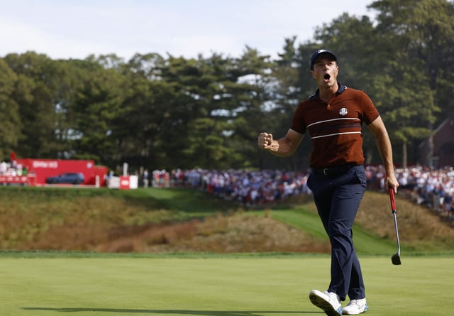 Golf - The 2025 Ryder Cup - Bethpage Black Golf Course, Farmingdale, New York, United States - September 27, 2025 Team Europe's Viktor Hovland celebrates winning the 14th hole during the foursomes IMAGN IMAGES via Reuters/Peter Casey