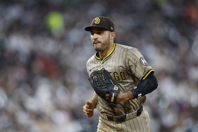 Sep 19, 2025; Chicago, Illinois, USA; San Diego Padres left fielder Ramon Laureano (5) returns to the dugout after the seventh inning of a baseball game against the Chicago White Sox at Rate Field. Mandatory Credit: Kamil Krzaczynski-Imagn Images/File Photo