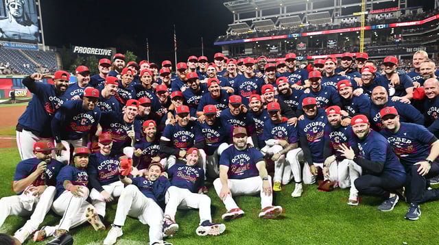 Sep 27, 2025; Cleveland, Ohio, USA; The Cleveland Guardians pose for a photo after they beat the Texas Rangers to secure a playoff berth at Progressive Field. Mandatory Credit: Ken Blaze-Imagn Images