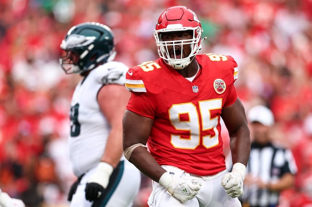 KANSAS CITY, MISSOURI - SEPTEMBER 14: Chris Jones #95 of the Kansas City Chiefs celebrates after a play during an NFL football game against the Philadelphia Eagles at GEHA Field at Arrowhead Stadium on September 14, 2025 in Kansas City, Missouri. (Photo by Kevin Sabitus/Getty Images)