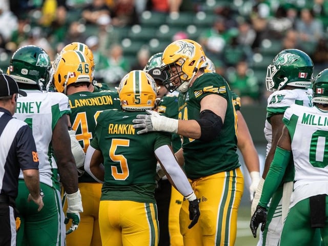 Edmonton Elks players celebrate a touchdown against the Saskatchewan Roughriders during first half CFL action in Edmonton, on Saturday September 27, 2025.