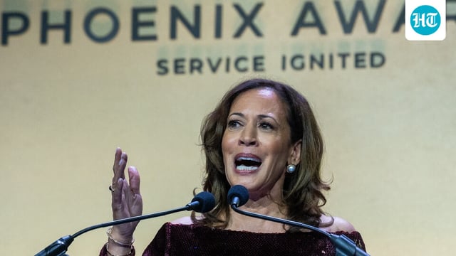 Former Vice President Kamala Harris speaks after receiving the Congressional Black Caucus Foundation Phoenix Award in Washington.