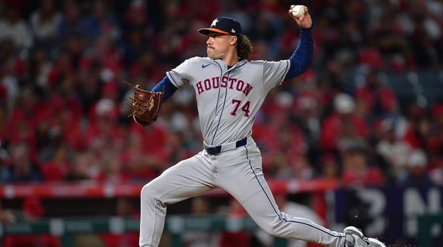 Sep 26, 2025; Anaheim, California, USA; Houston Astros pitcher Bryan King (74) throws against the Los Angeles Angels during the seventh inning at Angel Stadium. Mandatory Credit: Gary A. Vasquez-Imagn Images
