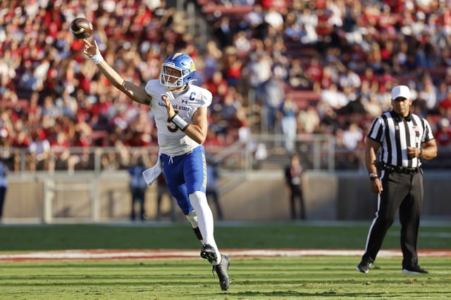 San Jose State quarterback Walker Eget throws a pass during first half of Saturday's game against Stanford at Stanford Stadium.