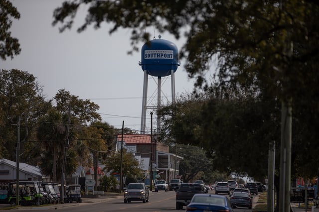 A water towers in Southport, North Carolina, US, on Thursday, Feb. 22, 2024. Democrats are targeting small towns in North Carolina, a swing state they haven’t won since Barack Obama’s 2008 bid. 