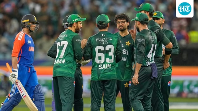 Pakistani players celebrates the wicket of India's Abhishek Sharma, second left, during the Asia Cup Super Four stage.