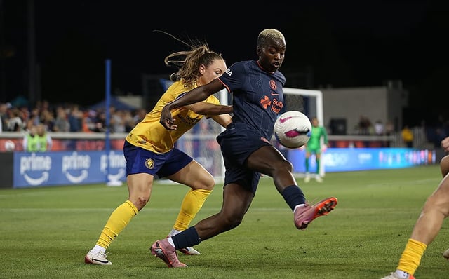 Bay FC’s Racheal Kundananji tries to control the ball against a Utah Royals defender at PayPal Park on Saturday, Sept. 27, 2025. Bay FC dropped the match 2-0. (Photo courtesy of Bay FC)