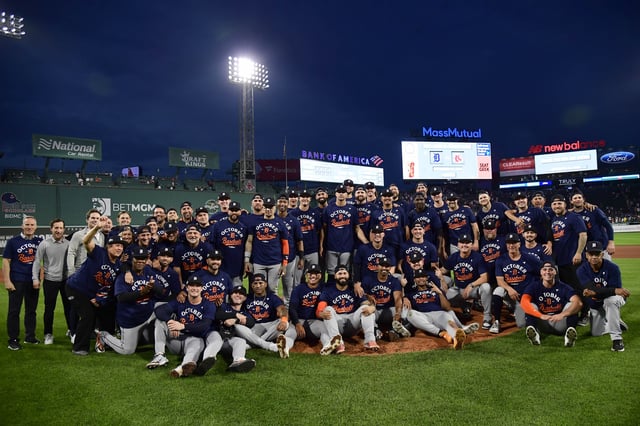 Sep 27, 2025; Boston, Massachusetts, USA; The Detroit Tigers pose for a team photo after clinching a playoff birth by defeating the Boston Red Sox at Fenway Park. Mandatory Credit: Bob DeChiara-Imagn Images
