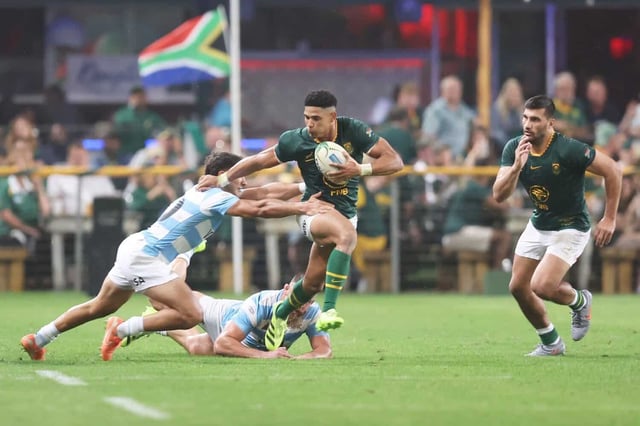 Sacha Feinberg-Mngomezulu broke the Springbok record for the most individual points scored in a Test match thanks to his three tries and nine slotted kicks against Argentina. Picture: Steve Haag Sports/Gallo Images