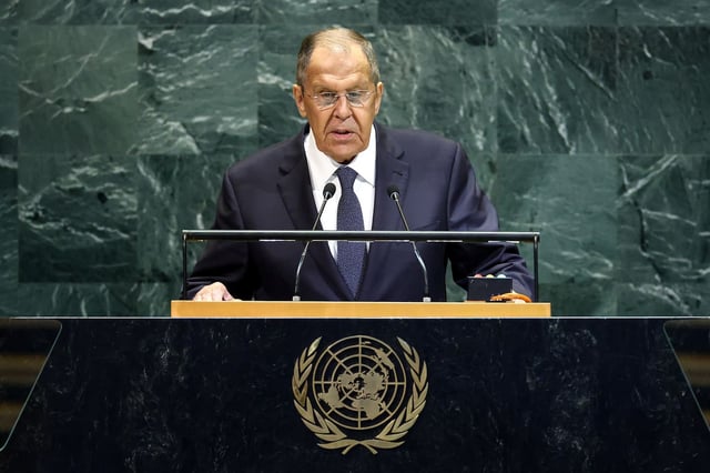 Le ministre russe des Affaires étrangères, Sergueï Lavrov, à l'Assemblée générale de l'ONU, à New York, samedi.