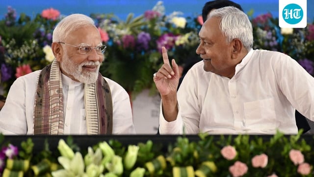 Prime Minister Narendra Modi with Nitish Kumar, Chief Minister of Bihar, during a public meeting in Gaya in Bihar on August 22.