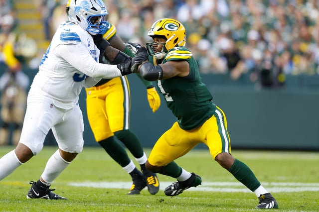 Green Bay Packers defensive end Micah Parsons #1 rushes during a NFL football game against the Detroit Lions, in Green Bay, Wis., on Sept. 7, 2025.