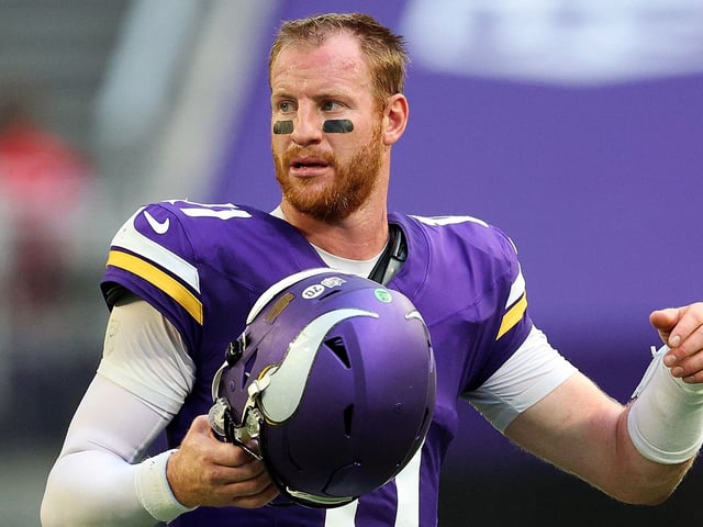 Carson Wentz #11 of the Minnesota Vikings looks on against the Cincinnati Bengals in the third quarter at U.S. Bank Stadium on September 21, 2025 in Minneapolis, Minnesota. 