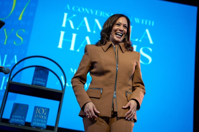 Former Vice President Kamala Harris exits the stage after the first stop on her "107 Days" book tour about her presidential campaign at Town Hall in New York, Sept. 24, 2025. (Angelina Katsanis/AP)