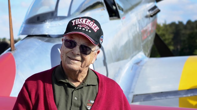 Lt. Col. George Hardy with his former P-51D Mustang in 2016.