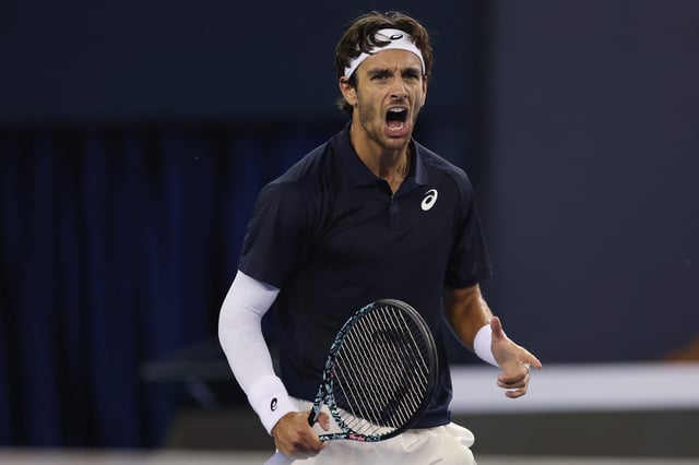BEIJING, CHINA - SEPTEMBER 26: Lorenzo Musetti of Italy celebrates a point during the Men's Singles Round 32 match against Giovanni Mpetshi Perricard of France on day 5 of 2025 China Open at National Tennis Center on September 26, 2025 in Beijing, China. (Photo by Lintao Zhang/Getty Images)