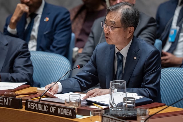 South Korean Foreign Minister Cho Hyun speaks during a Security Council meeting at the United Nations headquarters, Tuesday, Sept. 23, 2025. (AP Photo/Yuki Iwamura)