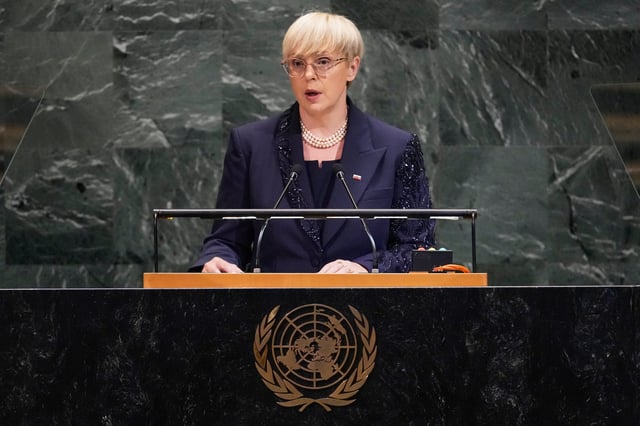 Slovenia President Natasa Pirc Musar addresses the 80th session of the United Nations General Assembly, Tuesday, Sept. 23, 2025. (AP Photo/Richard Drew)