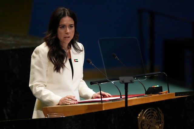 Minister for Foreign Affairs of the United Arab Emirates Lana Nusseibeh addresses the 80th session of the United Nations General Assembly, Saturday, Sept. 27, 2025, at U.N. headquarters. (AP Photo/Pamela Smith)