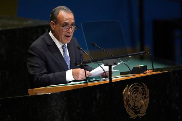 Minister for Foreign Affairs, Emigration and Egyptian Expatriates of Egypt Badr Ahmed Mohamed Abdelatty addresses the 80th session of the United Nations General Assembly, Saturday, Sept. 27, 2025, at U.N. headquarters. (AP Photo/Pamela Smith)
