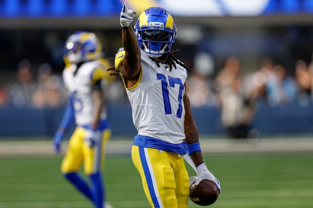 INGLEWOOD, CALIFORNIA - SEPTEMBER 07: Davante Adams #17 of the Los Angeles Rams celebrates a catch for a first down during the fourth quarter against the Houston Texans at SoFi Stadium on September 07, 2025 in Inglewood, California. (Photo by Harry How/Getty Images)
