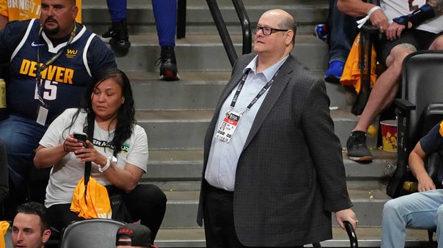 Jun 1, 2023; Denver, CO, USA; Miami Heat general manager Andy Elisburg looks on in game one of the 2023 NBA Finals against the Denver Nuggets during the fourth quarter at Ball Arena. Mandatory Credit: Kyle Terada-Imagn Images