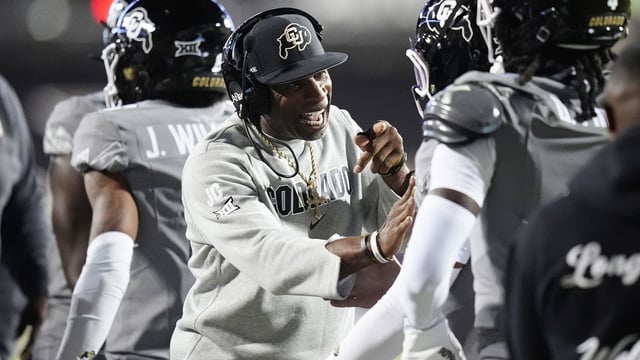 Sep 27, 2025; Boulder, Colorado, USA; Colorado Buffaloes head coach Deion Sanders reacts to a touchdown scored in the first quarter against the Colorado Buffaloes at Folsom Field. Mandatory Credit: Ron Chenoy-Imagn Images