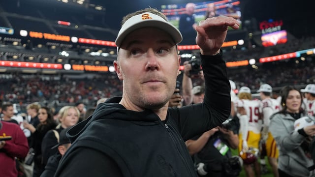 Dec 27, 2024; Las Vegas, NV, USA; Southern California Trojans head coach Lincoln Riley reacts after the game against the Texas A&M Aggies at Allegiant Stadium. Mandatory Credit: Kirby Lee-Imagn Images