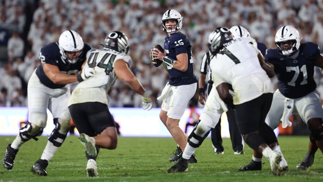 Sep 27, 2025; University Park, Pennsylvania, USA; Penn State Nittany Lions quarterback Drew Allar (15) looks downfield prior to throwing during the fourth quarter against the Oregon Ducks at Beaver Stadium. Mandatory Credit: Matthew O'Haren-Imagn Images