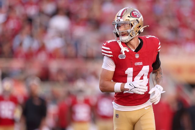 SANTA CLARA, CALIFORNIA - OCTOBER 20: Ricky Pearsall #14 of the San Francisco 49ers takes the field for their game against the Kansas City Chiefs at Levi's Stadium on October 20, 2024 in Santa Clara, California. Ricky Pearsall's parents got to meet the Sergeant who saved the rookie receiver's life.