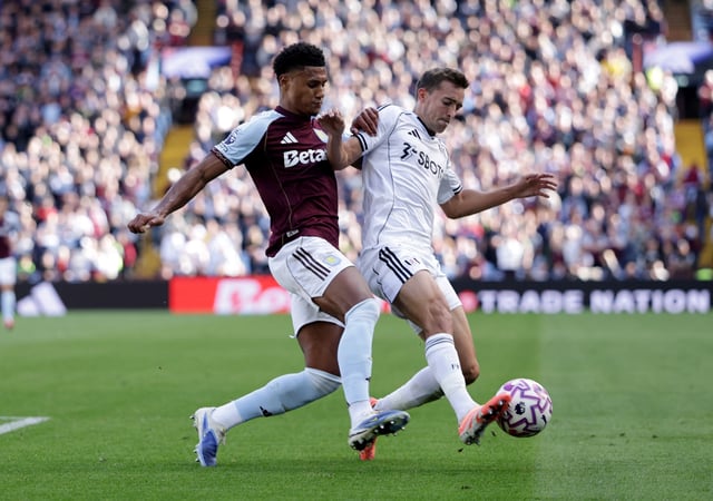 Soccer Football - Premier League - Aston Villa v Fulham - Villa Park, Birmingham, Britain - September 28, 2025 Aston Villa's Ollie Watkins in action with Fulham's Timothy Castagne REUTERS/Toby Melville